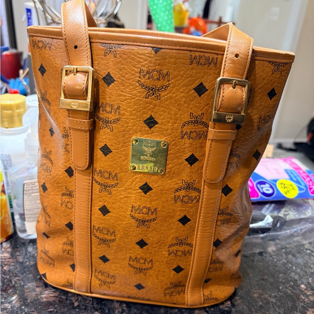 MCM Tan Leather Tote with Gold Accents